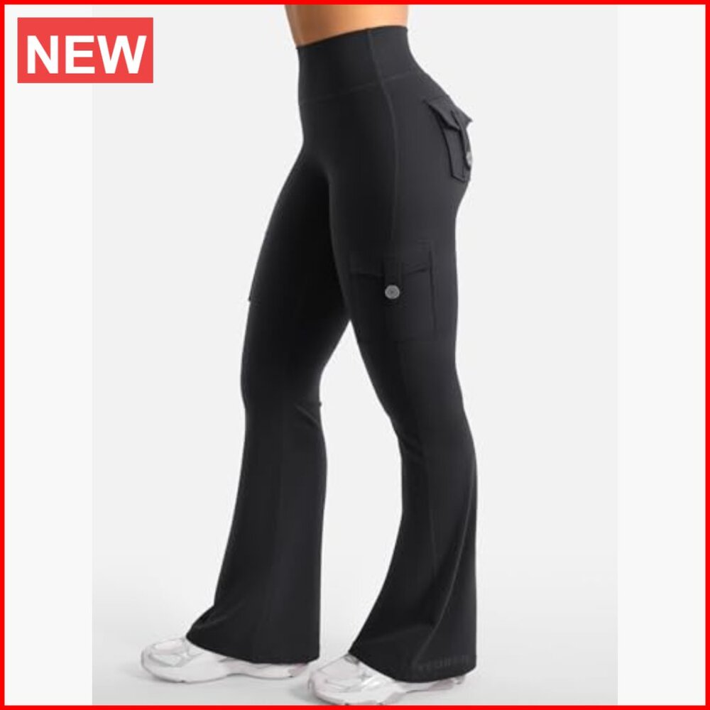 High Waisted Flare Leggings with Pockets Hidden Scrunch No Front Seam - Picture 5 of 7